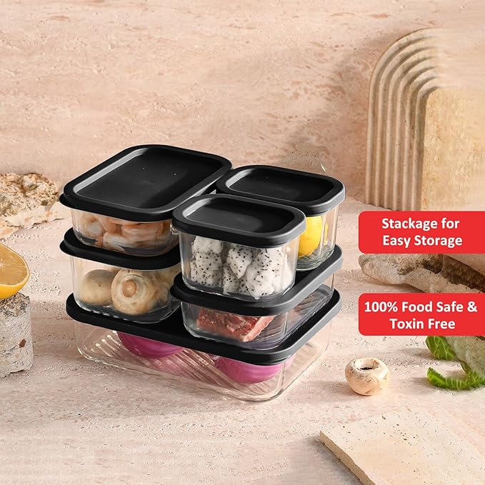 EATEX Grooved Base Glass Meal Prep Containers, 12 Pack Glass Storage Containers with Lids for Meal Prep & Lunch, Microwave Oven Freezer Dishwasher Safe, Anti Moisture Non-Stick Design - Sage Green