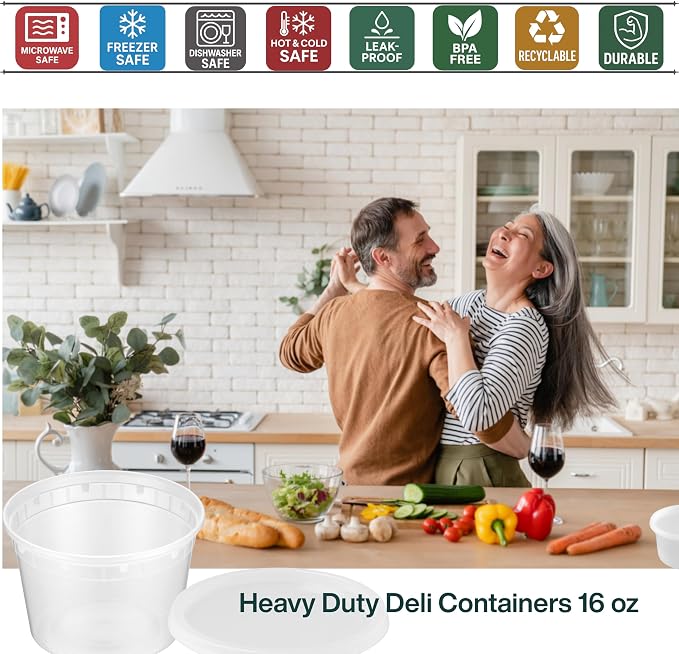 16oz [100 set] Heavy Duty Plastic Deli Container | BPA-Free Food Storage with Airtight Leak‑Proof Lids | Microwave, Freezer & Dishwasher Safe – Stackable, Bulk Reusable Soup & Meal Prep Tub