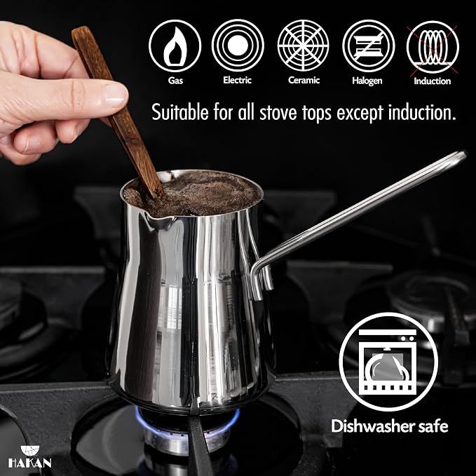 Hakan Turkish Coffee Pot, Greek Arabic Coffee Cezve, Stainless Steel Stove Top Milk Warmer, Chocolate Melting Pot with Spout, Chai Pot, Ibrik, Briki | Large - 20.2 oz. (600 cc)