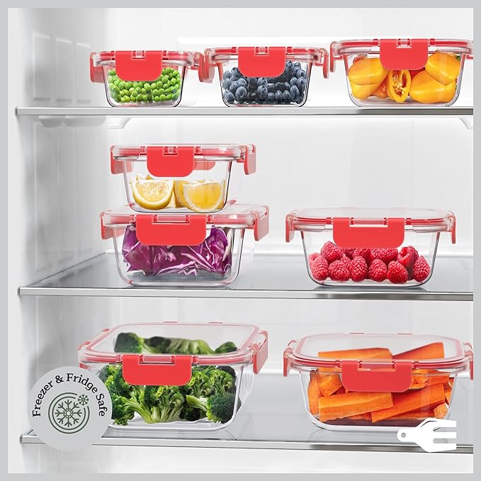 Emporio Kitchen Borosilicate Glass Food Storage Containers with Lids 24 Pieces, BPA-Free Stackable Lunch & Leftover Containers, Microwave, Freezer & Dishwasher Safe, 100% Airtight Leak-Proof, Red