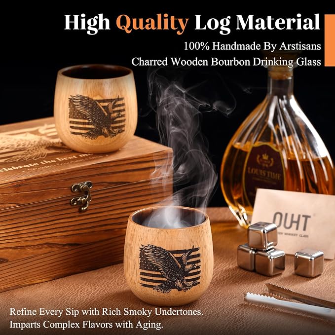 Oak Wood Whiskey Glass, Handcrafted Engraved Charred Wooden Tumbler, Unbreakable Old Fashioned Bourbon Glass for Men, Rustic Drinking Cup with Unique Design, Ideal Gift for Lovers