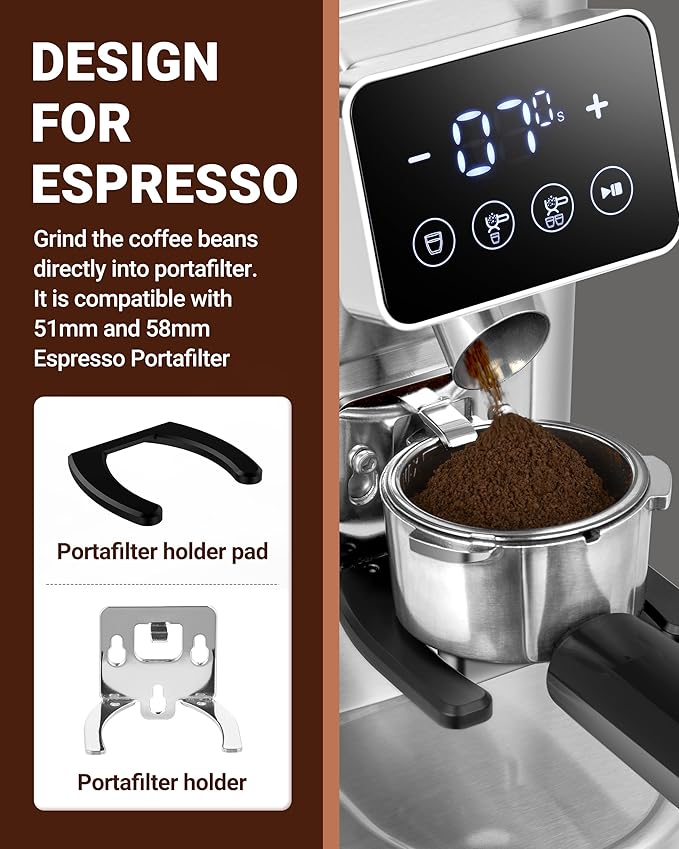 AMZCHEF Coffee Grinder, Coffee Bean Grinder for Home Use with Precise Grinding, LED Control Panel, Detachable Funnel Stand, Anti-static Design, 48 Grind Settings, Metallic Silver