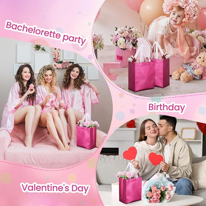 Eccliy Reusable Gift Bags Set Glossy Grocery Gift Tote Bag with Handle for Wedding, Bridal Shower, 4th of July, Summer Event(10 x 8 x 4.7 Inch,Hot Pink,80 Pcs)
