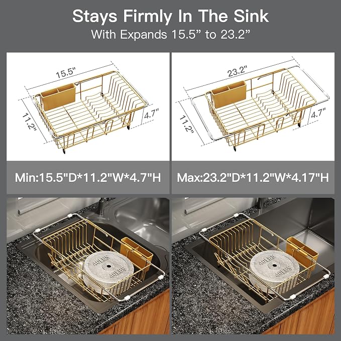 MAJALiS Gold Dish Drying Rack Over The Sink with Utensil Holder | Expandable Stainless Steel Dish Drainer for Small Kitchen, Apartment, RV, Counter Space Saving, Perfect Fit, Rustproof