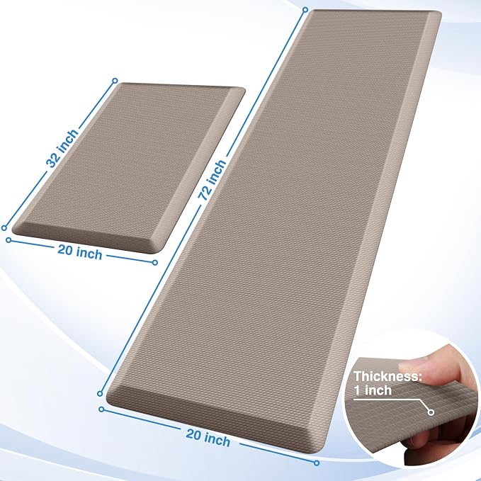 StepRite Kitchen Mats, 2PCS Kitchen Rugs, Cushioned Anti Fatigue Kitchen Mats for Floor, Non-Slip Standing Desk Mat, Waterproof Kitchen Rug Set for Kitchen, 20" x 32"+20" x 72"-Full 1 inch Thick,Khaki