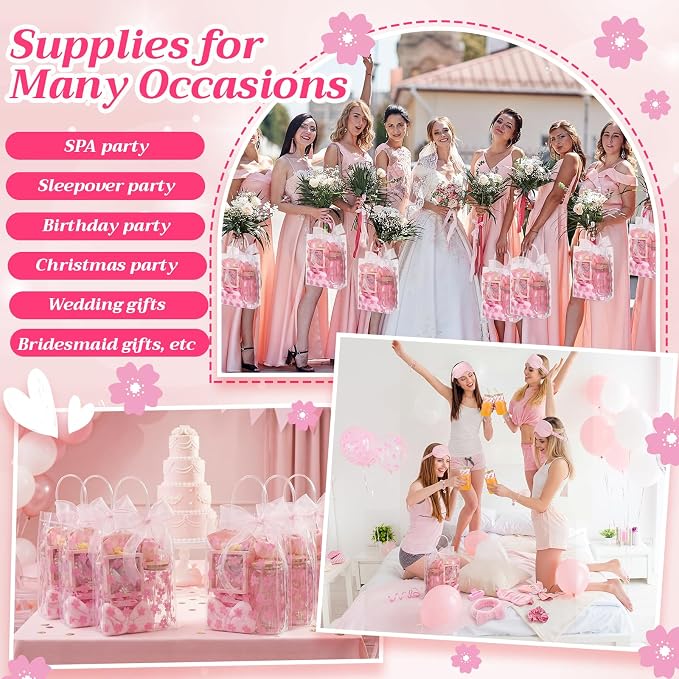 Vesici 73 Pcs Spa Sleepover Party Supplies Bulk Women 8 Sets Slumber Birthday Bridesmaid Gift Crochet Flower Glass Cup Eye Mask Hair Ties Gift Bag Bracelets Scrunchies Headband(Cherry Blossoms,Pink)