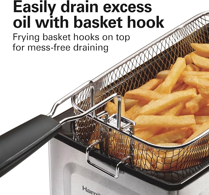 Hamilton Beach Family Style Electric Deep Fryer With Basket | 3 Liter / 12 Cup Oil Capacity | 1500 Watts | Lid | Easy Detach Magnetic Cord | Stainless Steel | 35220G
