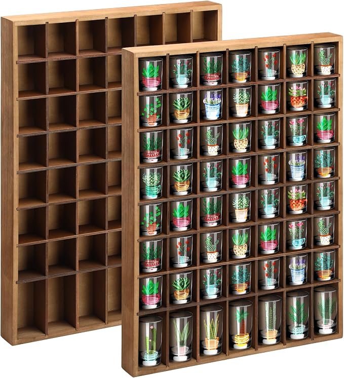 Barydat Shot Glass Display Case Wood Shot Glass shelf holder 56 Compartments Wall-mounted Rustic Bar Cabinet(Brown,2 Pcs)