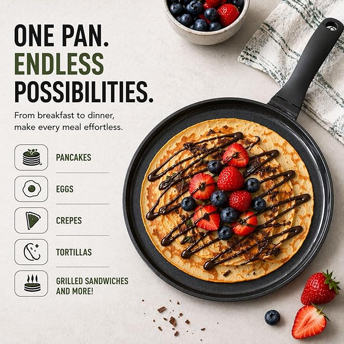 Alva Ceramic Nonstick Crepe Pan, 11 Inch Flat Griddle Pan for Crepes, Pancakes, Eggs & Tortillas, PFAS-Free Aluminum Frying Pan, Induction Compatible, Black
