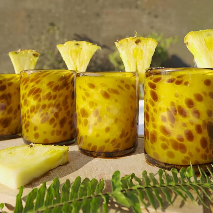 Tortoise Shell Hand Blown Tumbler Glasses Set of 6 | Amber Drinking Glasses | Mexican Glassware | 10 oz tumbler | Hand blown Mexican Drinking Glasses for Cocktails, Wine & Tequila