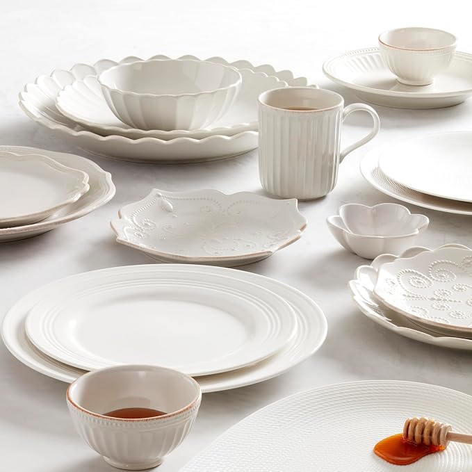 Lenox Dinnerware Sets, French Perle Scallop White 24-Piece Dinnerware Set, Service For 8, Stoneware Material, Dishwasher Safe, Microwave Safe, Bowls, Plates And Bowls, Dinner Dishes (White, 24 Piece)