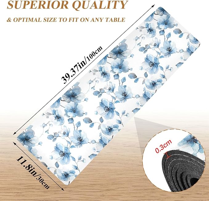 Trivet Table Runner Heat Resistant 230F for Hot Dishes Pots Plates Kitchen Dining Table Protector Decorative 39.37 X 11.8 Inch Blue Watercolorful Flower