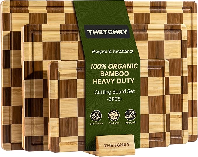 THETCHRY Bamboo Cutting Board Set, Checkered Wood Cutting Boards for Kitchen with Juice Groove, Non Toxic Wooden Charcuterie Boards, Non Slip Chopping Board for Meat Fruit Cheese, Housewarming Gift