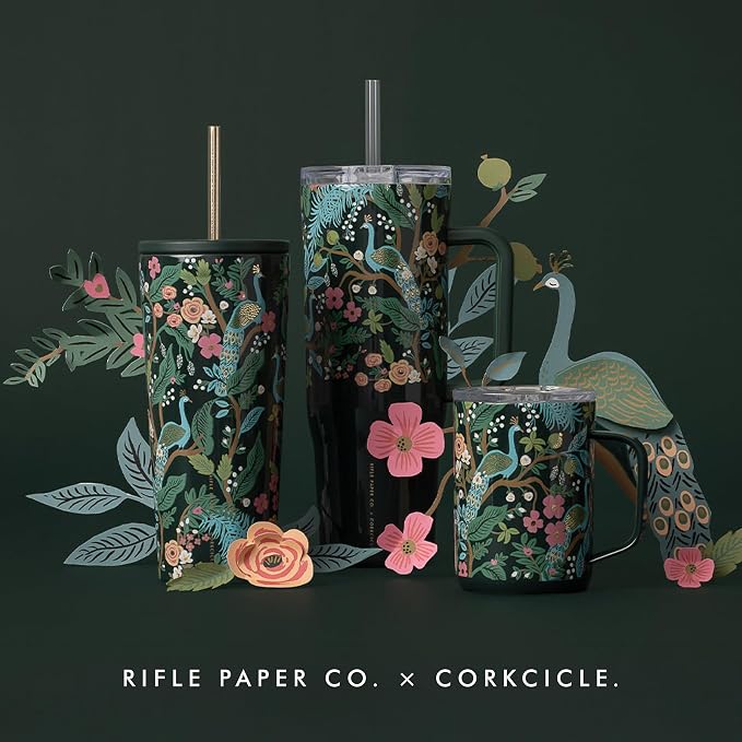 Corkcicle x Rifle Paper Co. Cruiser Insulated Tumbler with Handle & Straw - Keeps Drinks Cold 20 Hours - BPA-Free - Gift for Mom - Great for Mother's Day or Christmas - 40 oz - Peacock Blue