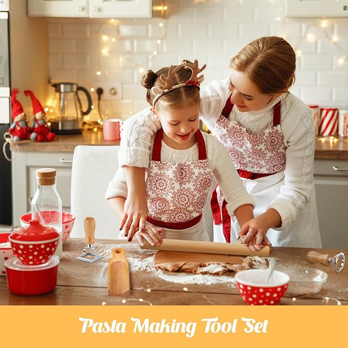 Tioncy 7 Pcs Pasta Making Tool Set Wood Gnocchi Board with Ravioli Stamp Ravioli Maker and Rolling Pin Homemade Gnocco Maker Kitchen Gift for Home Baking Lovers(Curved Gnocchi Board Set)