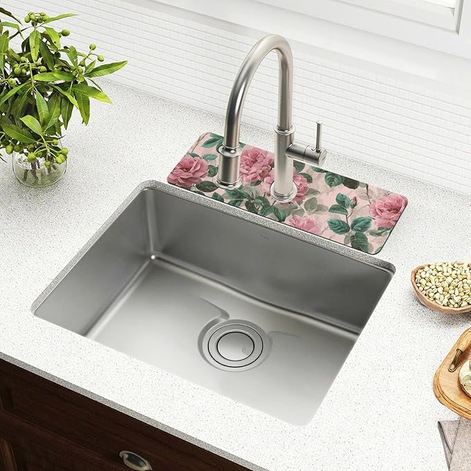 Kitchen Sink Splash Guard 1 PC 30 Inch Sink Faucet Mat Splash Guard for Bathroom Countertop Water Absorbent Foldable Cuttable Soft Washable Pink Vintage Roses with Leaves