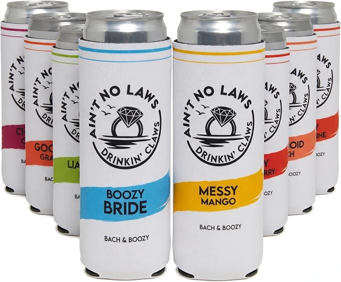 Funky Junque Bachelorette Party Favors Slim Can Cooler, Funny Bridesmaid & Bride Gifts for Girls Trip, Bridal Shower Decorations & Accessories, 12 oz Skinny Can Covers - Ain't No Laws - 8 Pack