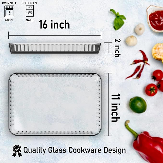 3-Piece Ums 4-Qt (16" x 11" x 2") Glass Baking Dishes for Oven, Glass Oven Pan & Tray Bakeware, Borosilicate Glass Casserole Dish Cookware, Microwave & Oven-Safe Clear Bakeware
