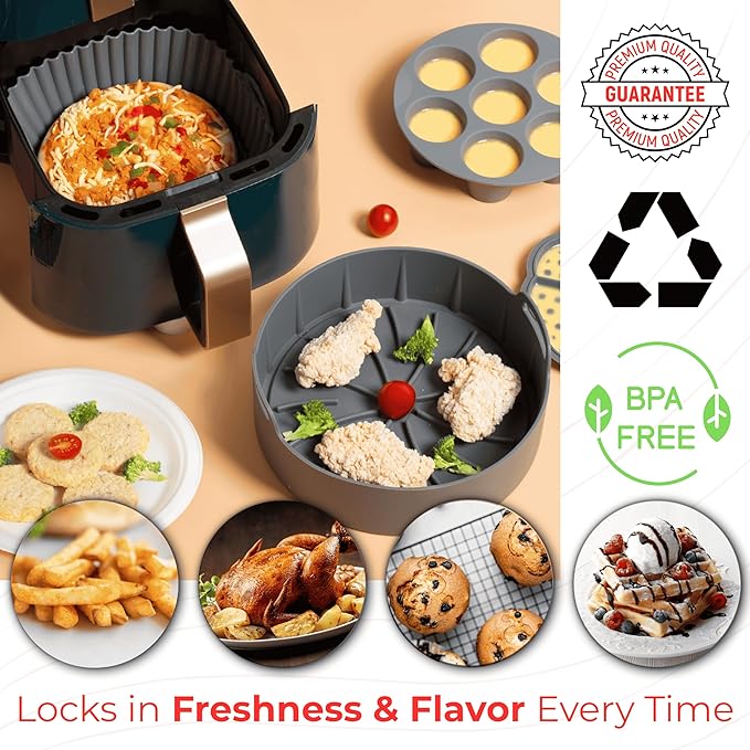 EM Set of 5 Silicone Air Fryer Liners with Egg Bite Mold, Waffle Mold & Mitts - 8.7” Round Reusable Silicone Inserts for 5-7 Qt Airfryers - Easy to Clean & Heat-Resistant Air Fryer Accessories Set