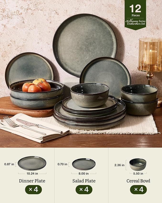 Famiware Milkyway Stoneware Dinnerware Set, 12-Piece, Double Reactive Glaze, Plates and Bowls, Service for 4, Microwave and Dishwasher Safe, Scratch-Resistant, Greenish Brown