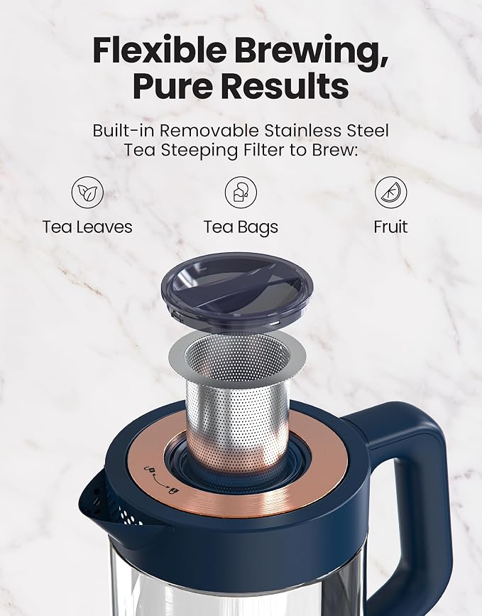 Viante Alba Electric Tea Kettle, Infuser, No Plastic, 1.5L, Midnight Blue | Borosilicate glass & 304 stainless steel construction. 4 temp presets, keep-warm, cordless, auto shut-off