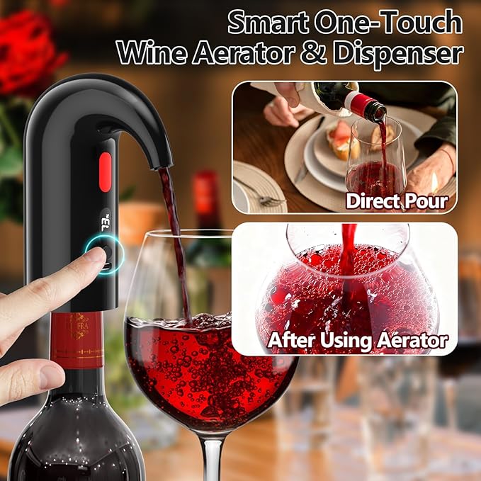 Electric Wine Aerator & Decanter Pump – Perfect Mother’s Day Gift: Quiet Dual-Pump Aeration, Measured Pouring, Temp Display & USB Rechargeable System – Professional Wine Tool for Home Bars (Black)
