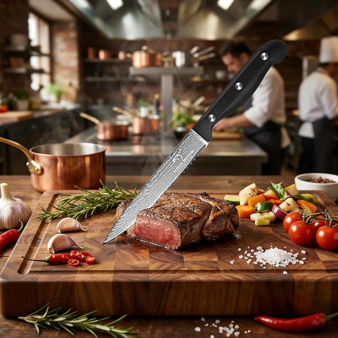 NANFANG BROTHERS 9-Piece Damascus Kitchen Knife Set, 67-Layer VG10 Japanese Steel, Professional Chef Knives with Compact Wooden Block, Triple-Riveted Ergonomic Handles (Hand-Wash Only)