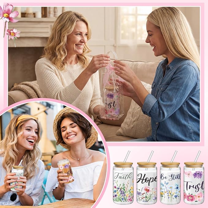 Mumufy 8 Sets Christian Glass Cups with Clear Gift Bag 16 oz Reusable Pink Iced Coffee Mugs Aesthetic Cute Tumbler with Lids and Straws, Gifts for Girls Women Bridesmaid