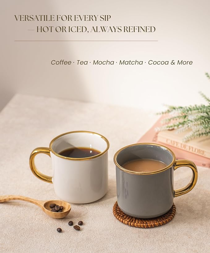 Stoneware Electroplated Mug Set of 4-15oz Ceramic Coffee & Tea Cups with Gold Handle - Perfect for Hot & Iced Drinks - Dishwasher Safe - Modern Chic Design - Ivory White & Gray - Ideal Gift