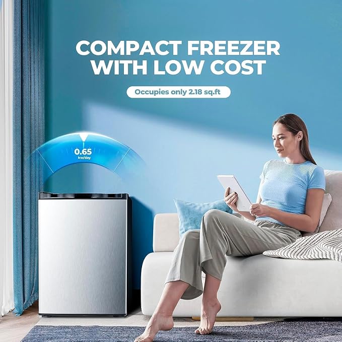 Electactic 2.1 Cu.ft Small Freezer, Mini Upright Freezer with 7 Adjustable Thermostat, Removable Shelves, Reversible Single Door, for Bedroom/Home/Dorms/Apartment (Silver)