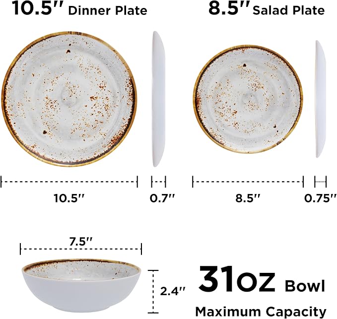 TP 12-Piece Melamine Dinnerware Sets, Plates and Bowls Dishes Set for 4, Break-Resistant & Non-Microwavable, Lightweight Dinner Plates, Grey Swirl