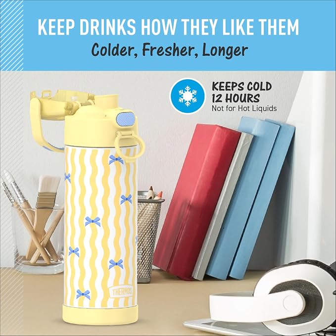 THERMOS FUNTAINER 16 Ounce Stainless Steel Vacuum Insulated Bottle with Wide Spout Lid, Wavy Bows