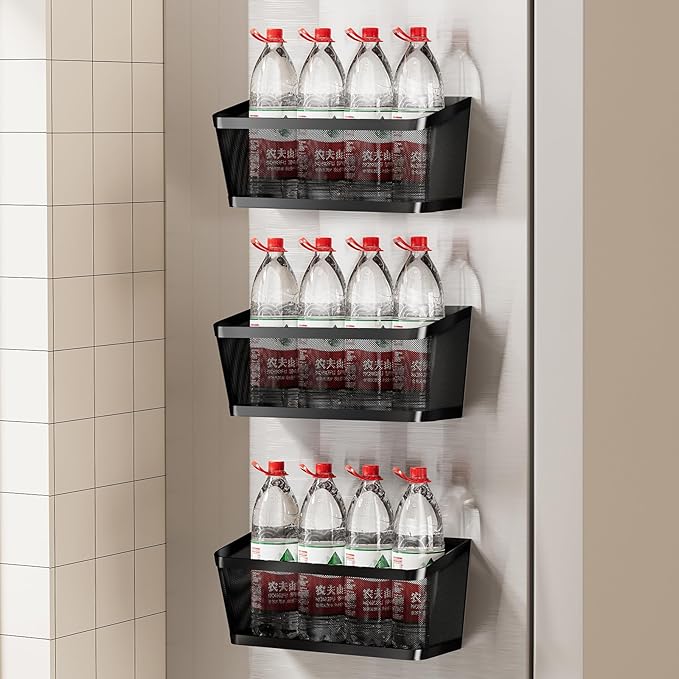 3 Pack Black Metal Magnetic Spice Rack for Refrigerator, Heavy Duty Magnet Shelf for Fridge, Drill Free Mesh Organizer Basket for Kitchen, Pantry, Laundry Room, Garage