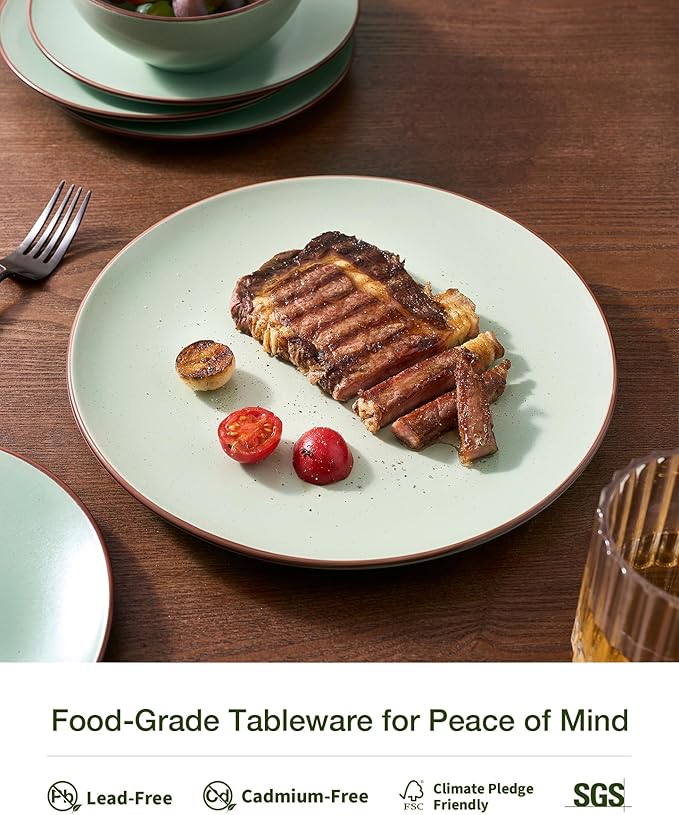 Famiware Venus Plates and Bowls Sets with Trim, 12 Pieces Speckled Stoneware Dishes Dinnerware Set for 4, Light Green - Microwave & Dishwasher Safe, Modern Minimalist, Everyday & Formal Dining