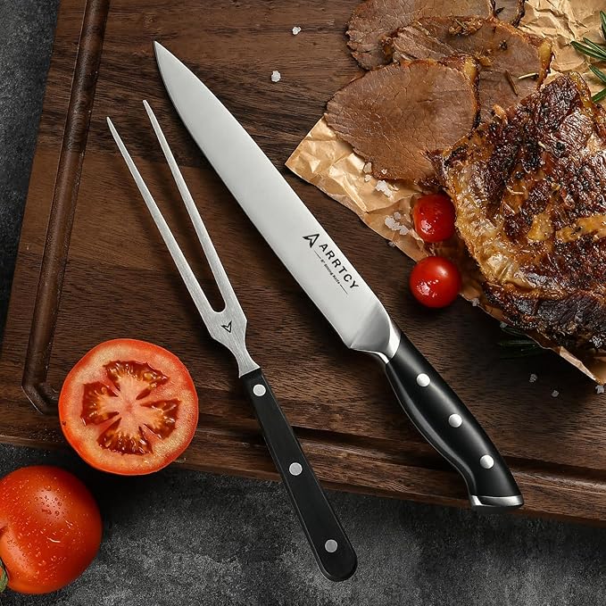 Carving Knife Set - Arrtcy 2 PCS Carving Knife and Fork for Turkey, BBQ - Razor Sharp German Stainless Steel Carving Set with Ergonomic Handle - Full Tang For Meat, Brisket