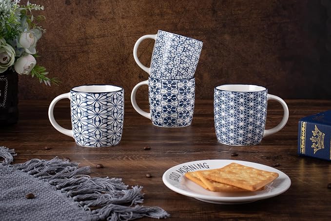 Set of 4 12 oz Coffee Mugs with Blue and White Geometric Patterns, Ceramic Tea Cup Set, Gift for Friends (Set 1)