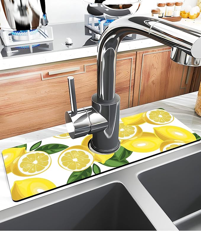 Kitchen Sink Splash Guard Faucet Mat Super Absorbent Fast Drying Mat Sink Gadgets Splash Guard Behind Faucet Drip Catcher for Kitchen (Lemon-1, 15x5.5in)