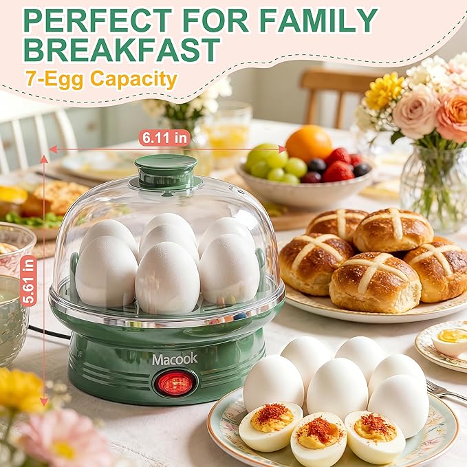 Macook Electric Egg Cooker for Easter, 7 Egg Capacity with Auto Shut-Off, Spring Green Hard Boiled Egg Maker, Ideal Easter Gift for Egg Decorating, Includes Measuring Cup