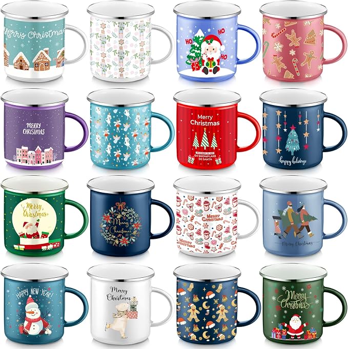Sliner 16 Pcs Christmas Enamel Mugs, 12 oz Coffee Mugs Bulk Hot Chocolate Mug Set Cute Enamel Tea Cups Winter Holiday Christmas Employee Gift for Family Coworkers (Classic Style)