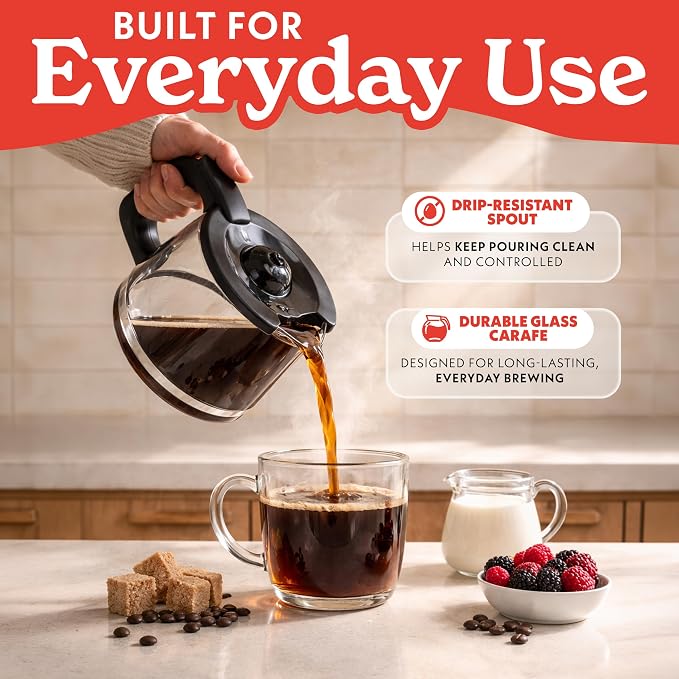 Gourmia 12 Cup One-Touch Coffee Maker – Pause and Serve with Automatic Keep Warm, Easy View Water Window, Compact Design, Stainless Steel Accents, Black