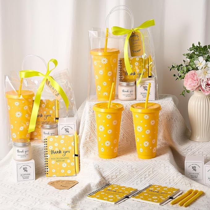 Nuogo 6 Sets New Parent Shower Prizes for Player Winners Adult, Wedding Bridal Shower Gift, Plastic Tumbler Notebook Scented Candle Ballpoint Pen Bag (Yellow Color,Daisy Style)