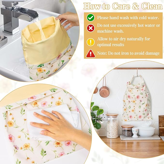 Reusable Beeswax Bread Bags - 2 Pack Bees Wax Food Bag, Homemade Sourdough Bread Storage, 2-in-1 Linen Cotton Large Freezer Container Home Baking Accessories with Lining (Watercolor Flowers)