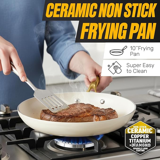GOTHAM STEEL 15 Pc Ceramic Cookware Set Nonstick – Pots and Pans Set with Cooking Utensils & Steamer, Non Toxic PFOA/PFOS Free, Stay-Cool Handles, Oven & Dishwasher Safe, Cream White