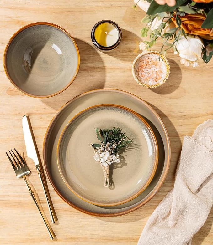 TheTerra Stoneware Dinnerware Sets for 4, 12 Pieces Ceramic Plates and Bowls Sets, Scratch Resistant Dish Set, Oven, Microwave & Dishwasher Safe, Creamy Amber