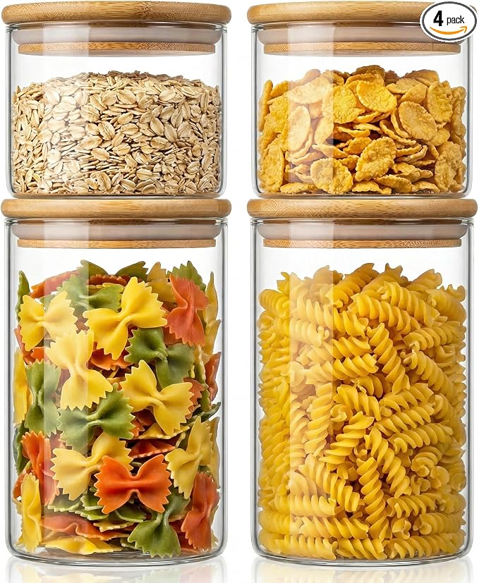 32oz & 21oz - 4 Pack Glass Jars with Bamboo Lids, Glass Pantry Storage Containers with Airtight Lids, Round Air Tigh Food Storage Canisters for Cereal, Pasta, Flour, Sugar, Best for Kitchen Organizer