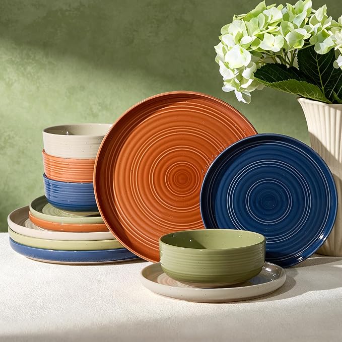 12-Piece Stoneware Dinnerware Sets for 4 - Farmhouse Coupe Plates and Bowls with Speckles & Spirals - Chip & Scratch Resistant, Microwave & Dishwasher Safe - Multicolor, Earthy Tones