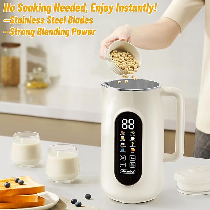 Arcmira 10 in-1 Automatic Nut Milk Maker Machine 42oz 10 Blade Homemade Almond, Soy, Oat, Juice, Plant-Based and Dairy Free Beverages, Soy Milk Maker with LED Panel/Delay Start/Keep Warm/Self Clean