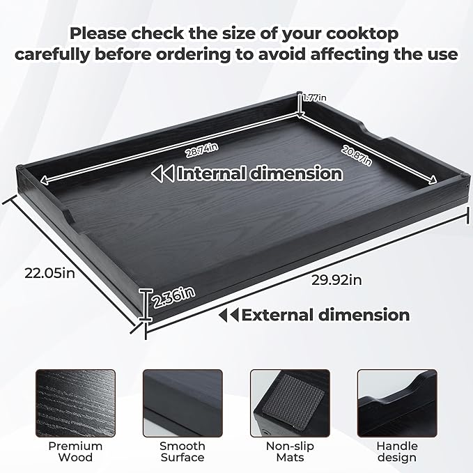 WOLKI Noodle Board Stove Covers for Gas Burners, 30"L x 22"W x 2.4"Th Heavyweight Stove Top Covers for Electric Stove, Buil-in Handles, RV Stove Cover, Wooden Serving Tray, Black