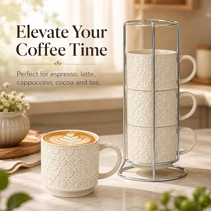 6 Oz Coffee Mugs with Stand, Stackable Ceramic Espresso Cups Set of 4, Embossed Coffee Cups Sets, Porcelain Cappuccino for Latte, Cocoa, Mocha, Tea, Dishwasher Safe, Vintage White