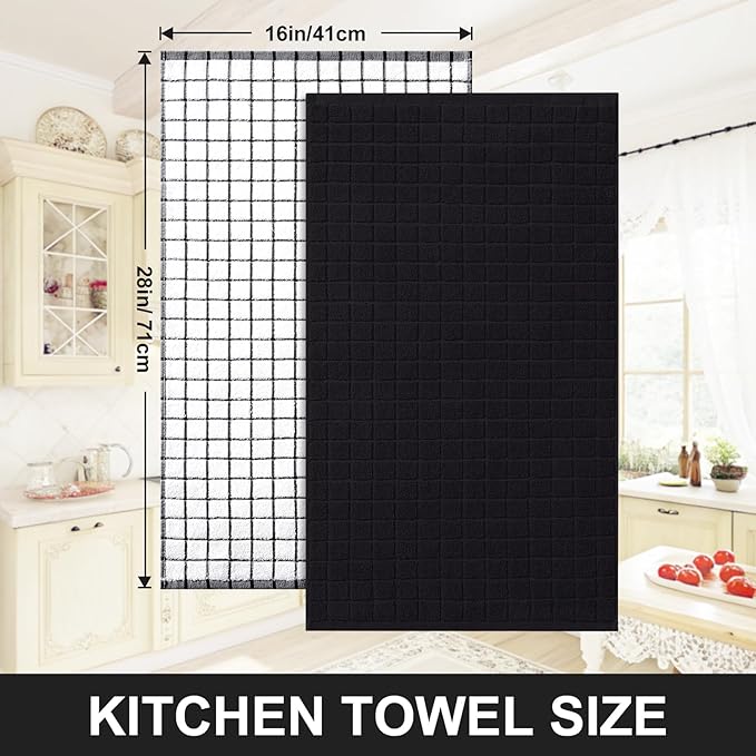 Homaxy Premium Cotton Kitchen Towels 16"x 28", Large Natural Ring Spun 390 GSM Dish Towels, Super Absorbent Terry Kitchen Hand Towels, Soft Tea Towels with Hanging Loop, Black Check Design, 4 Pack